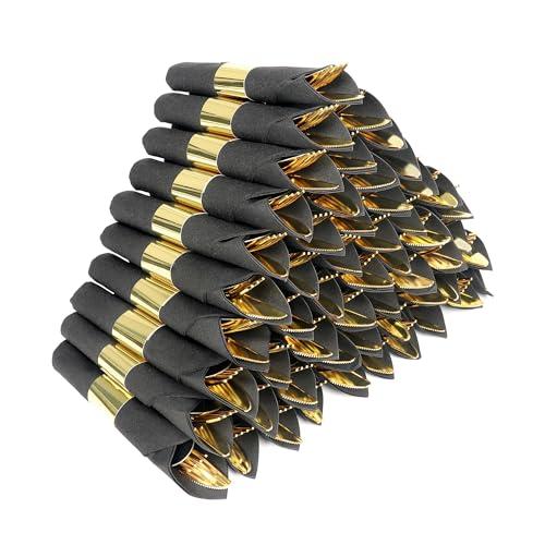 Dlebay 400PCS Pre Rolled Gold Plastic Silverware Set,100 Pack Wrapped Plastic Cutlery Set with Napkin Include 100 Forks,100 Spoons,100 Knives and 100 Black Napkins for Party, Wedding,Christmas