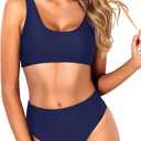 Tempt Me Women Two Piece Scoop Neck Bikini Crop Top Swimsuit Sporty High Waisted Bathing Suit (Small, Navy Blue)