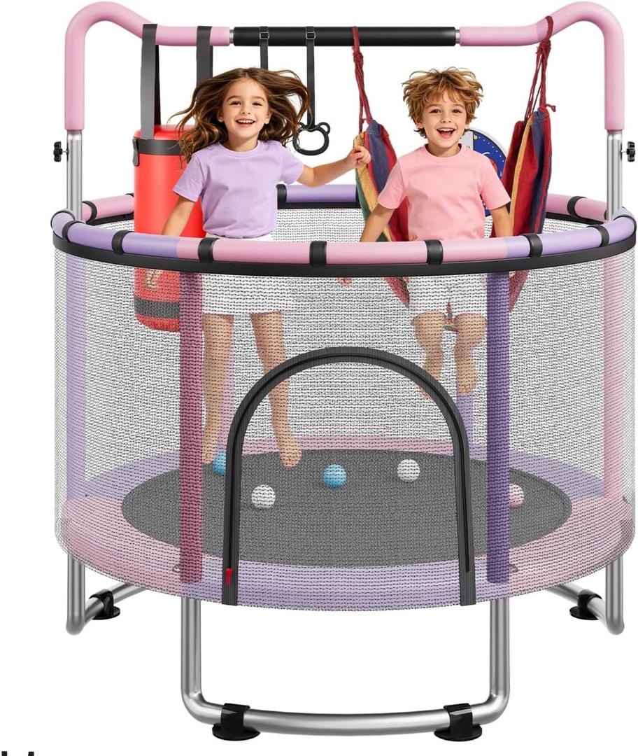60" Trampoline for Kids, 4.5/5 FT Toddler Trampoline with Enclosur Net, Basketball Hoop & Sandbag, 440 LBS Capacity, Adjustable Height，Gifts for Ages 3-12 Boys & Girls