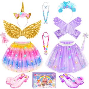 Jeowoqao Girls Dress Up with LED Light, Princess Dress Pretend Play Costumes, Toddler Girls Dress up Set Tutu Skirts, Wings, Princess Shoes Toys Gift for Girls 3 4 5 6 Years
