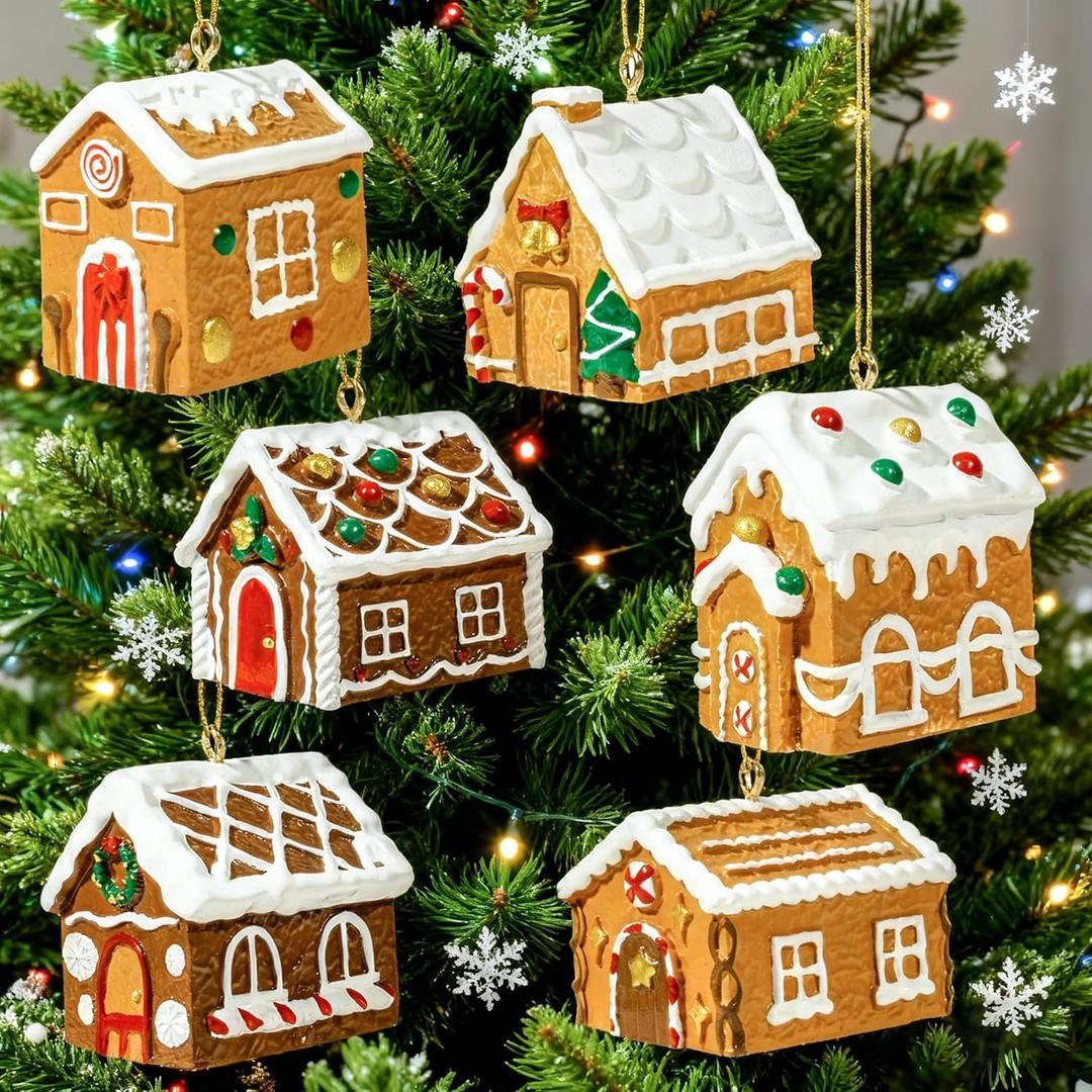 Bbiamsleep 6 Pcs 3D Gingerbread House Ornaments Resin Candy House Hanging Ornaments with Rope Gingerbread Christmas Decorations for Christmas Tree Holiday Party New Year Home Decor