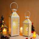 JHY DESIGN Set of 2 Vintage Candle Lanterns 19"&14''H Moroccan Decorative Metal Candle Holders with Hollow Pattern for Garden Porch Shelf Indoor Outdoor Parties Weddings Patio(White Brushed Gold)