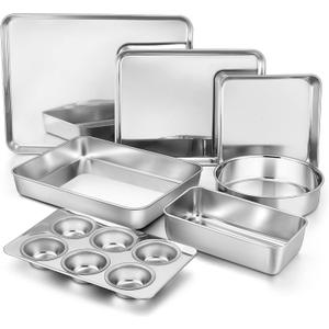 TeamFar Bakeware Sets of 7, Stainless Steel Bakeware Sets for Oven, Baking Sheet & Toaster Oven Pan, Square & Round Cake Pan, Muffin Pan & Loaf Pan, Lasagna Pan, Healthy & Sturdy, Dishwasher Safe