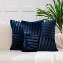 All Smiles Couch Decorative Throw Pillow Covers 18x18 Set of 2 Faux Fur Plush Soft Fluffy Velvet Cushion Case Cozy Fuzzy Striped Pillowcase Home Decor for Bed Sofa Living Room,Navy (18" x 18" (Pack of 2), Navy)