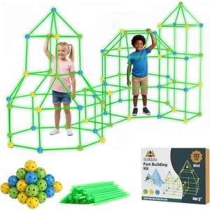 Fort Building Kit for Kids -132 PCS- Glow-in-The-Dark STEM Tent for Kids with Starry Sheet & Light - Indoor and Outdoor Building Toy for Boys & Girls - Creative Play, Teamwork & Educational Fun Gift