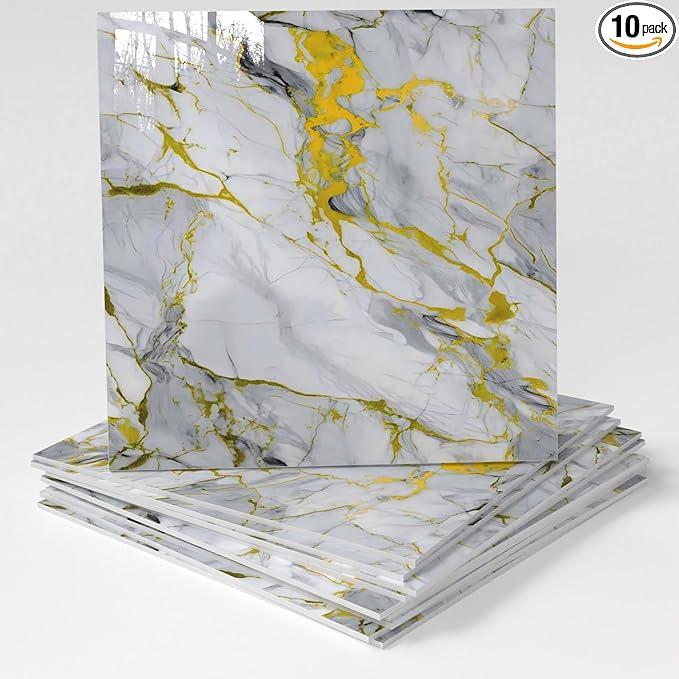 10-Pack Peel and Stick Gilded White Marble Tiles (11.8" x 11.8") – 9.8 Sq. Ft. Waterproof PVC Shower & Backsplash Tiles for Bathroom, Kitchen, and Living Room – Self-Adhesive, Easy Installation