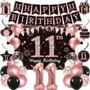 Vlipoeasn Rose Gold 11th Birthday Decorations for Girls, 27PCS Happy 11th Birthday Party Kit with Backdrop Banner, Number 11 Balloon, 11 Year Old Party Supplies