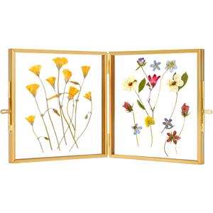 REDHUGO Double Glass Picture Frame Handmade, Glass Pressed Flower Frame, Hinged Brass Picture Frame Tabletop Photo Frames, Dried Flower Display Folding Frame for Home, Square, Gold, 44 Inches