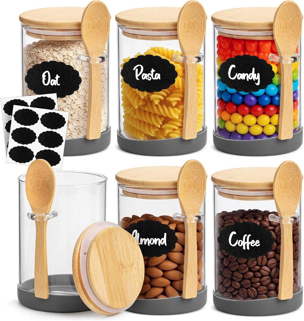 BAMBOO LAND- Glass Jars with Bamboo Lids and Spoons Set, 19 Oz, Set of 6, Glass Containers with Bamboo Lids Airtight for Loose Tea, Brown Sugar, Candy, Nuts