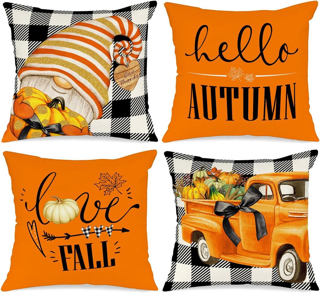 Ywlake Fall 18x18 Throw Pillow Covers Set of 4, Pumpkin Gnome Decorative Holiday Pillow Case 18 x 18 Autumn Cushion Covers Thanksgiving Pillowcase for Indoor Home Bedroom Couch Sofa Decoration Black