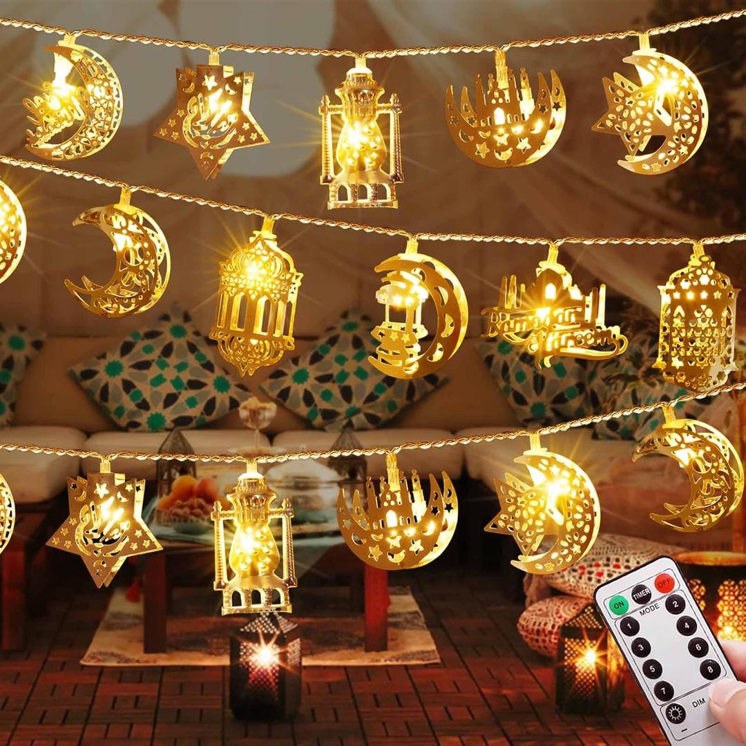 Homeleo Vintage Ramadan Decorations, Battery Operated 20 LED EID Mubarak Lights, Bronze Metal Moon Star Lantern String Lights for Home, Mantle, Window, Tree, Bedroom, Classroom Decor