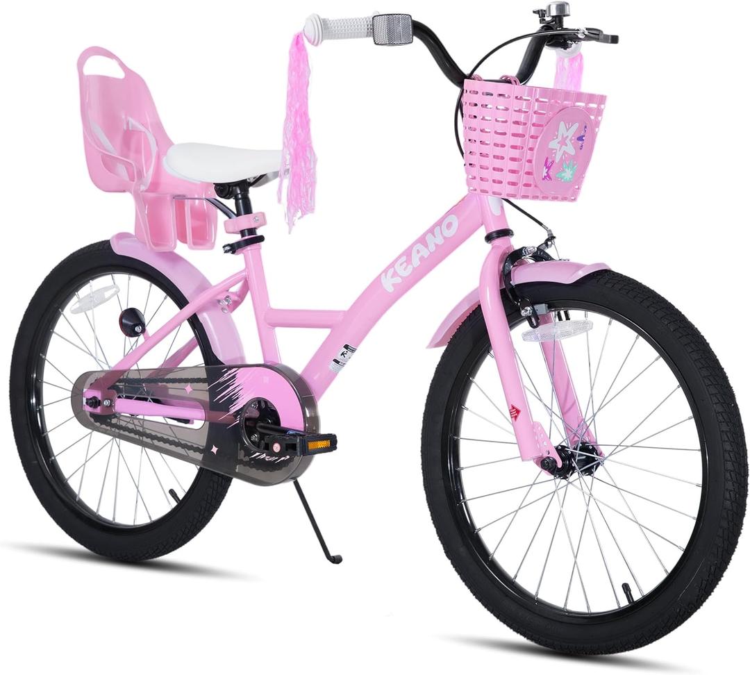 KEANO Zinnia 14 16 20 Inch Kids Bike for Girls Ages 3-10 Years, Girls' Bikes with Training Wheels, Streamers, Basket and Doll Seat, Children Bicycles (Pink)