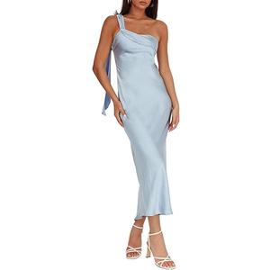 Satin One Shoulder Maxi Dress for Women Summer Silk Formal Elegant Backless Ruffle Sleeveless Wedding Guest Dresses XS