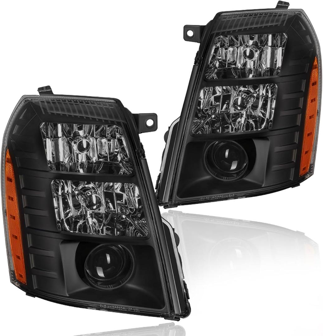 Headlight Assembly, Headlights Kit Compatible with 2007-2014 Cadillac Escalade/2007-2014 Escalade ESV/2007-2013 Escalade EXT Replacement Headlamp Black Housing Amber Reflector