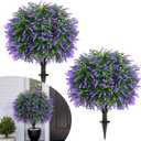 25.6" Artificial Topiary Ball Trees with Lavender, 2 Pack Artificial Shrubs Bushes with Ground Spike, Fake Plants for Outdoor Front Porch Decor UV Resistant