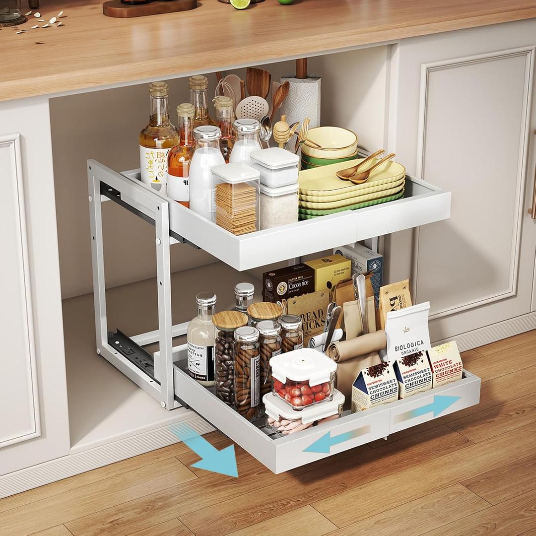 Golener 2-Tier Expandable Pull Out Cabinet Organizer - Slide Out Drawers for Kitchen Cabinets, Bathroom Organizers and Storage, Under Sink Organizer for Kitchen Storage Organization, White Metal Frame