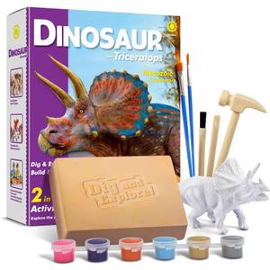 Dinosaur Triceratops Fossil Digging Kit for Kids 6+, 2-in-1 Dig & Build Educational Toy, Excavation Adventure with Paintable Model, Complete Paleontology Gift Set