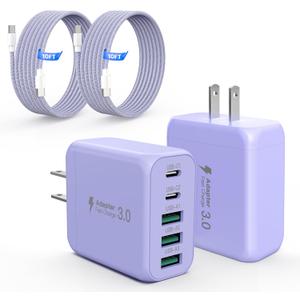 60W USB C Charger Block for iPhone 17 16 15,EIZLXQ 2-Pack USB C Wall Charger with Total 60W Max Output,10FT USB C Cable,Fast Charging Blocks for iPhone 17/16/15 Series,Galaxy,Pixel,iPad-Lavender
