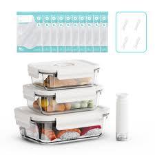 Domsanistor Vacuum Seal Glass Food Storage Containers, 3pcs Containers with 10pcs Sous Vide Bags/ 1pc Manual Pump, Meal Prep Container with Airtight Locking Lids for Lunch, LongLasting Freshness
