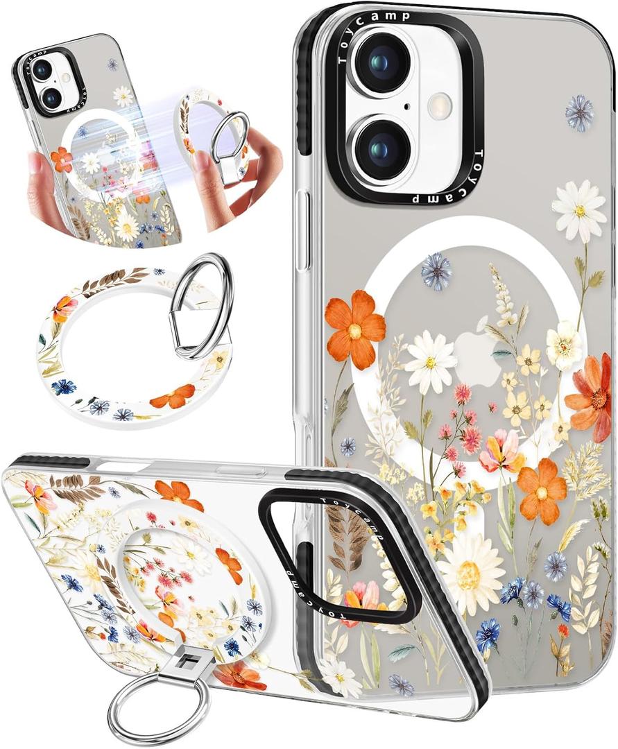 Toycamp for iPhone 16 Plus Case Compatible with Magsafe - Cute Design 360 Magnetic Ring Holder Stand Kickstand Funny Flower Girly Pretty Fashion TPU Phone Covers for Women Tenn Girls