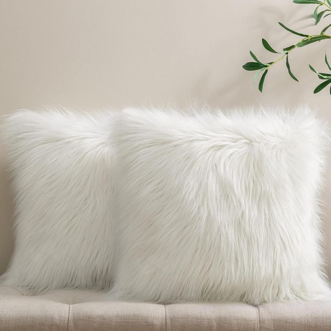 Phantoscope Pack of 2 Faux Fur Solid Throw Decorative Pillow Cover Cushion Covers Luxury Soft Halloween Decorative Pillowcase Fuzzy Pillow Covers for Bed/Couch, Cream White 18 x 18 Inches