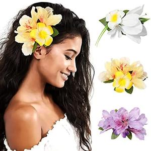 HAIMEIKANG Hair Clip, 3 Pieces Hawaiian Flower Hair Pins - Artificial Tropical Flower Hair Accessories for Women in White, Yellow, Purple (3 Count, 1 Package)