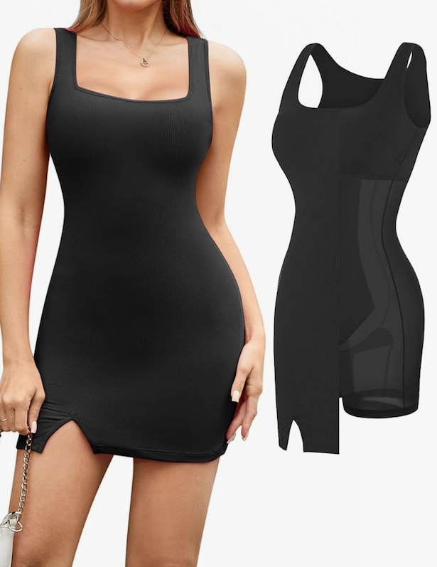 Popilush Cocktail Dresses for Women Built in Shapewear Bra 8 in 1 Square Neck Mini Slit Party Summer Dress, Size M
