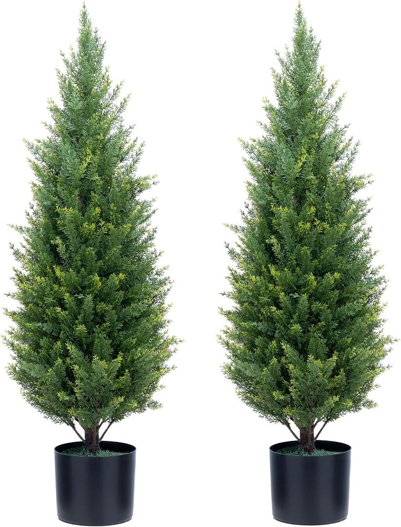 Artificial Topiary Trees 3 Foot Artificial Cedar Trees UV Resistant Potted Plant Set of 2 Faux Bushes Fake Shrubs for Outdoor Indoor Front Porch Garden