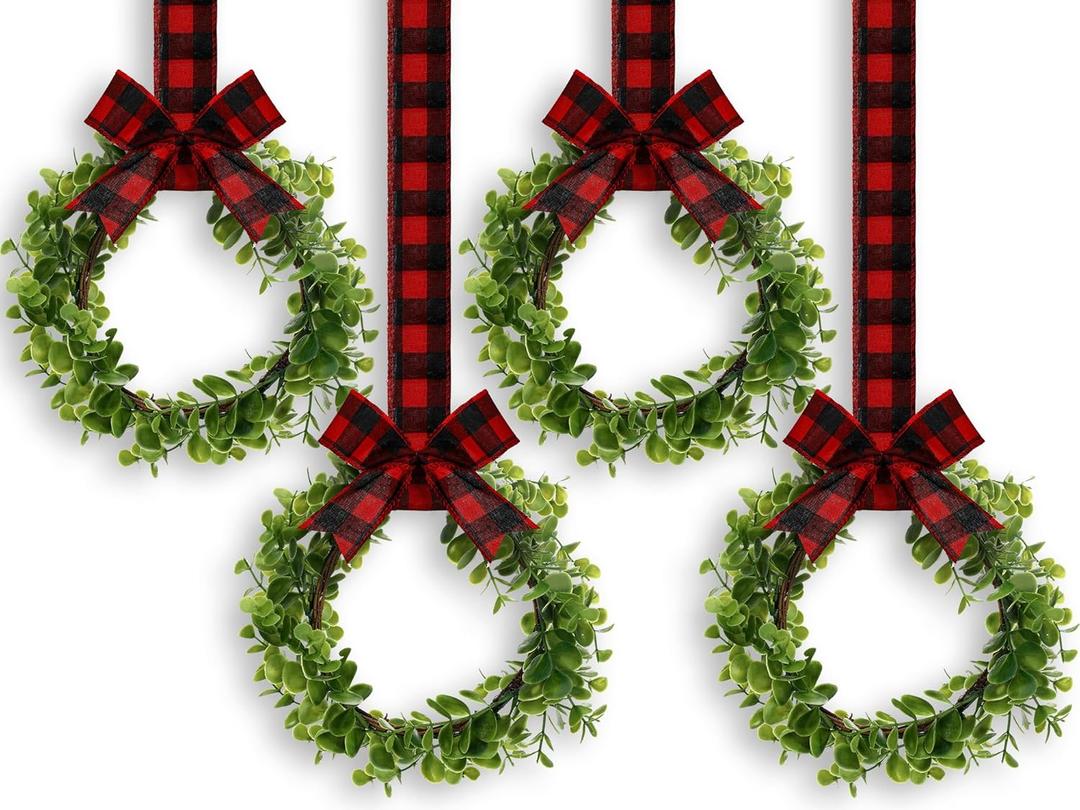 WILLBOND 4 Pcs Christmas Kitchen Cabinet Wreath Boxwood Garland with Ribbon Greenery Garland Hanging Wreaths for Cabinet Wall Window Door Fireplace Party Farmhouse Decor(Black and Red,Fabric)