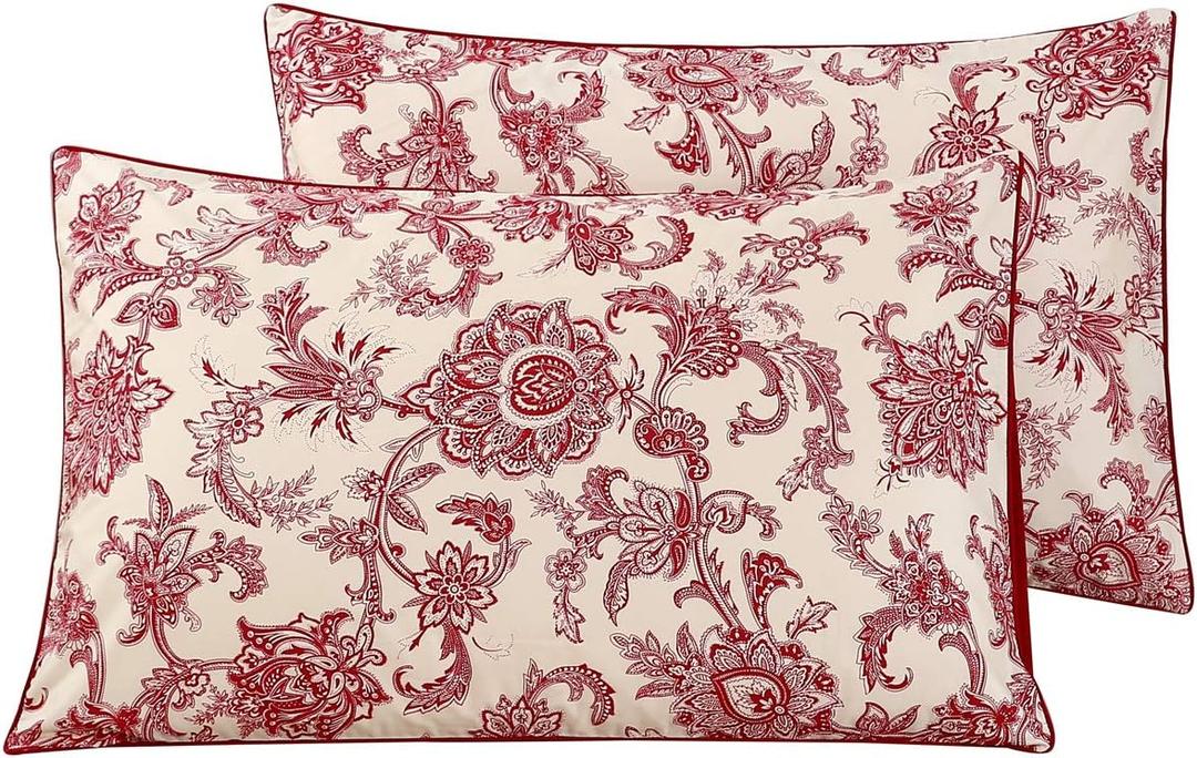 WINLIFE Ultra Soft Set of 2 Pillowcases Floral Printed 100% Cotton Pillow Cases Envelope Closure Queen 20x30'', Vintage Red Paisley