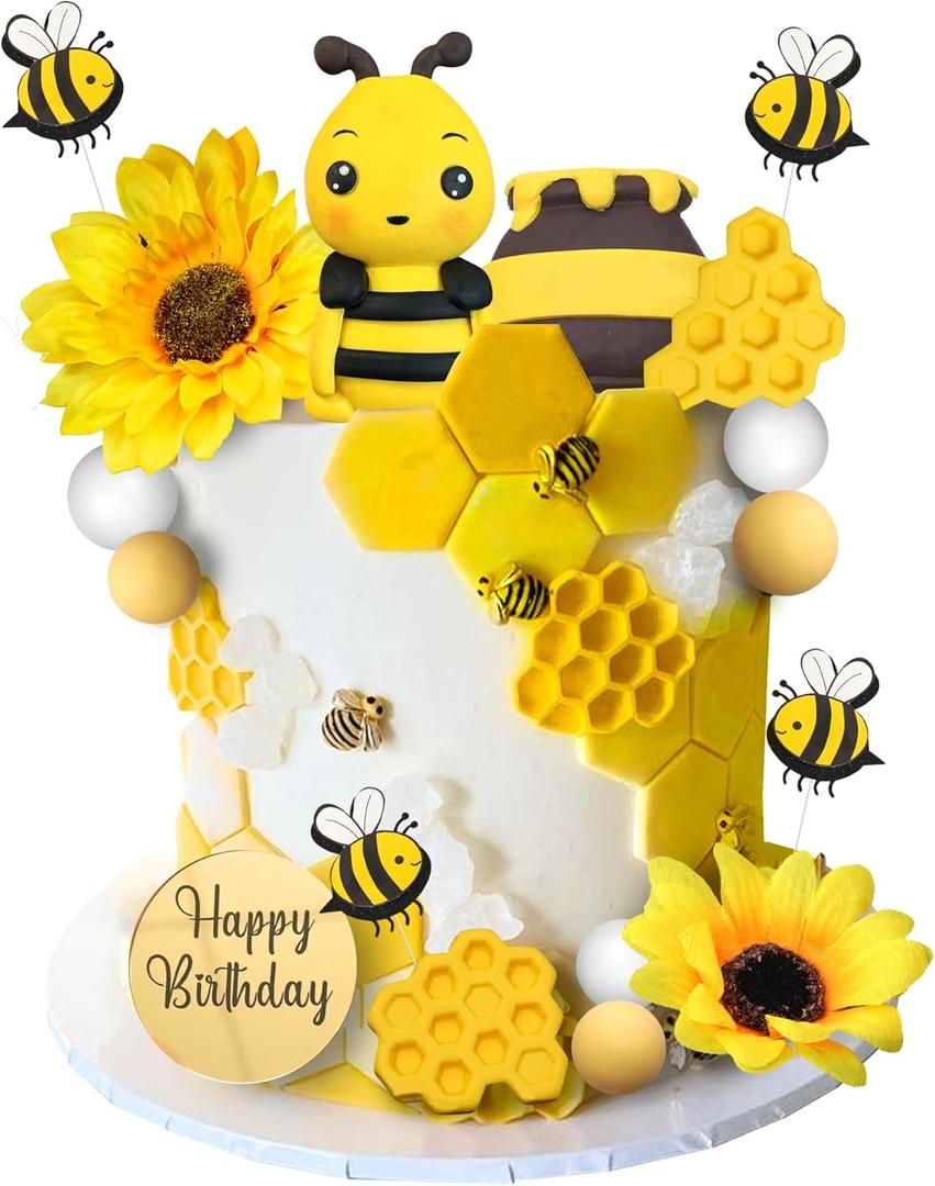 17 PCS Bee Cake Topper Happy bee day Cake Topper Honeycomb Sunflower Cake Decoration for Honeycomb Theme Birthday Party Supplies