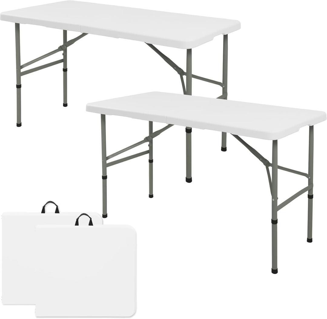 Set of 2 Folding Table 4FT Camping Table Portable Heavy Duty Plastic Rectangular Outdoor Dining Table Steel Legs Fold-in-Half with Carrying Handle for Indoor,Picnic,Party,Wedding,Events(White)