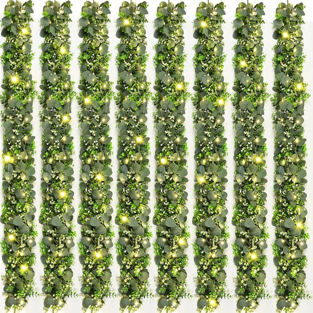 8Pcs Eucalyptus Garland with Lights, Greenery Garland, Green Garland with Flowers, 5.9FT Artificial Faux Eucalyptus Leaves Vines for Table Mantle Home Wedding Party Indoor Outdoor Decor2 Long Lights