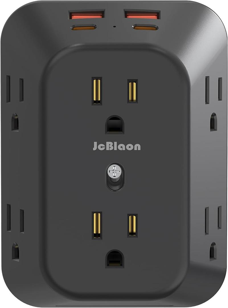 USB Wall Charger Electrical Outlet Extender, Surge Protector, 6 Outlet Splitter with 4 USB Outlet (2USB A, 2USB C) 4-Sided 1050J Power Strip Multi Plug Adapter for Home Office Travel