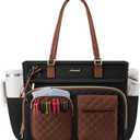 LOVEVOOK Tote Bag, Work Tote Bags for Women with Large Cup Holder, Large Capacity Teacher Tote with Multi Pockets, Nurse Diaper Bag with Padded Laptop Compartment, 15.6 Inch Black Brown