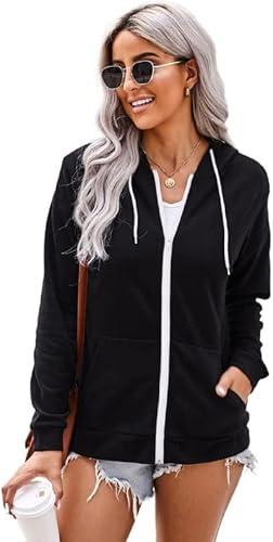 Women's Casual Jacket Lightweight Thin Zip-Up Hoodie With Pockets Coat Solid Color Outwear Sweatshirt S
