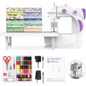 KPCB Tech Sewing Machine for Beginners [Full Set] with Finger Guard and Fabric Bundles - Mini Sewing Machine with Sewing Kits, Foot Pedal, US Adapter and Extension Table (White)