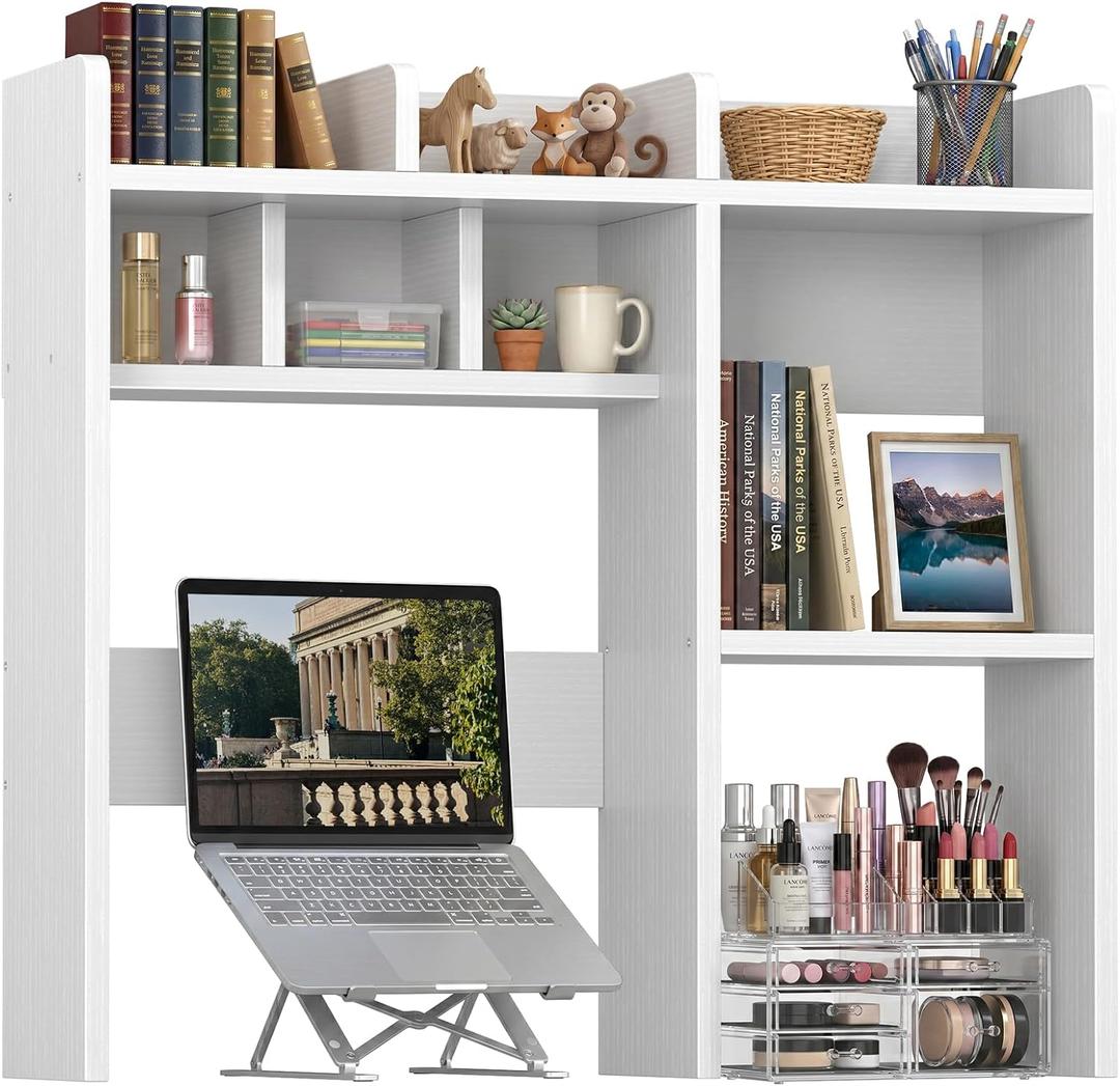 NUTIKAS Desk Hutch White Desktop Bookshelf Shelf - 30 Inch Computer Desk Organizer for Dorm Room, Wood Storage Rack for Home Office Desktop Display Shelves, Small Bookcase for Top of Desk