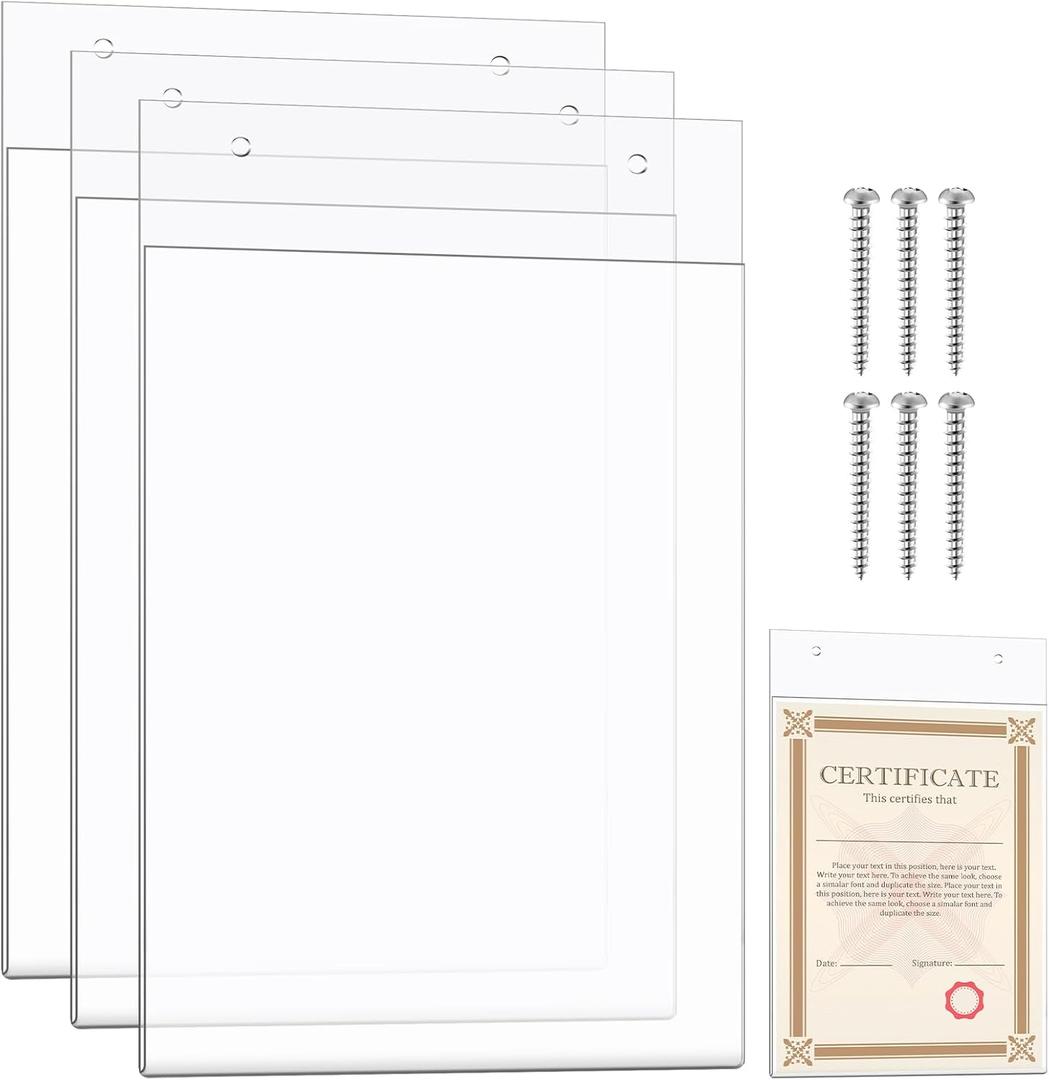 Fullhawl 3 Pack 8.5x14 Acrylic Wall Mount Sign Holder Clear Paper Document Holder with Hardware Floating Picture Frame for Certificate Notices Upcoming Events Office Restaurant Healthcare Facilities