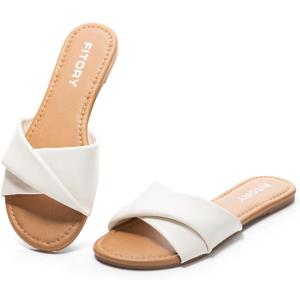 FITORY Women's Flat Sandals Fashion Slides With Soft Leather Slippers for Summer (10, White)