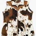 Women's Fuzzy Cow Print Vest Cozy Lightweight Sherpa Fleece Vest for Women Sleeveless Outerwear with Pockets L