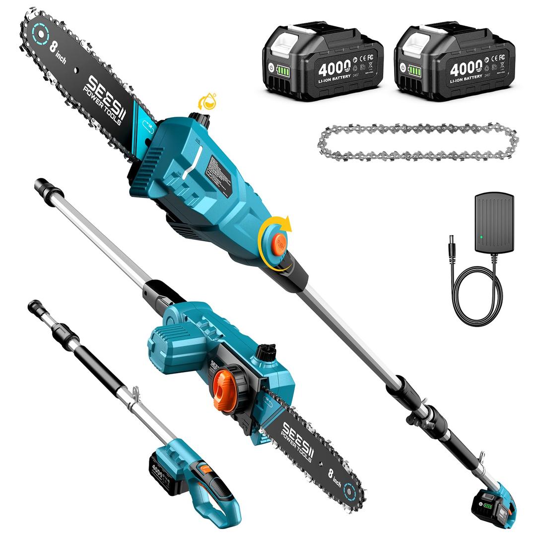 SEESII 8-Inch Electric Pole Saws: 21V Cordless Pole Saws for Tree Trimming, 15-Foot Max Reach, Auto Oiling, Tree Trimmer with 2x4000mAh Battery & Fast Charger, Tree Saw Ideal for Pruning Branches
