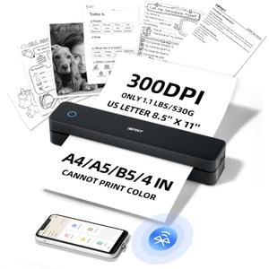 iDPRT Portable-Printer Wireless for Travel, 300DPI Inkless-Thermal-Small-Printer for Home Use, Office, Vehicles, Mobile Bluetooth Printers Supports 8.5" x 11" US Letter&A4&A5 Size, for Smartphone & PC (Black)