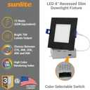 Sunlite 87805 LED 4-Inch Recessed Slim Downlight Fixture, 12 Watts (65W=), 700 Lumens, Indoor & Outdoor, Color Selectable 27K/30K/35K/40K/50K, 90 CRI, 120V, Dimmable, ETL Listed, Matte Black, 1 Pack