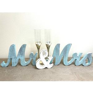 Mr & Mrs Wood Sign Wedding Decorations for Bride & Groom Reception Head Table. Wooden Letters for Married Couple's Centerpiece, Engagement & Bridal Shower Party Or Wedding Cake Table. (Rustic Blue)