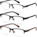 3 Pack Metal Reading Glasses Men, Half Frame Spring Hinge Computer Blue Light Readers for Large Head/Big Face (Black/Brush Gun/Brown Frame (Anti Blue Light Lens)
