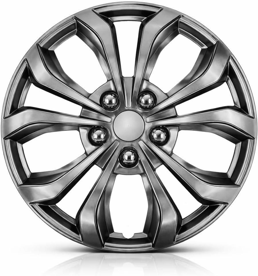 Universal Hubcaps for Steel Wheels, Snap-On Wheel Covers with Adjustable Steel Retaining Ring, Durable ABS, Patent Design (Gunmetal Gray, 14-inch)