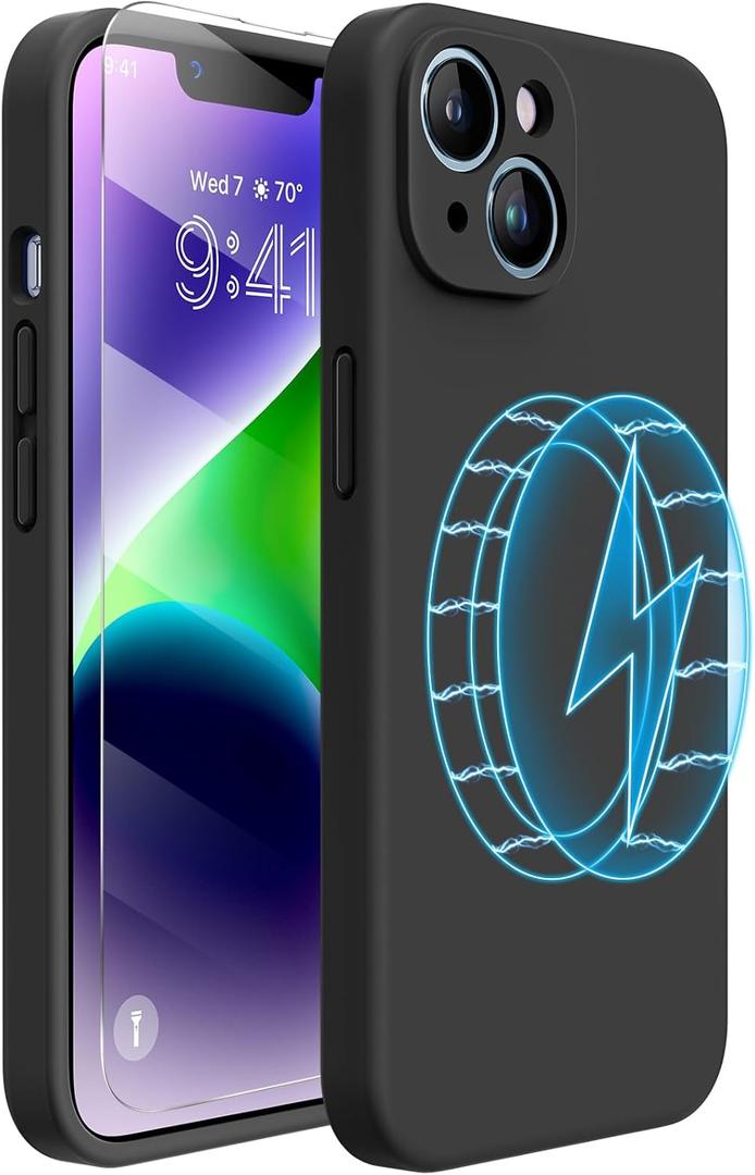 Miracase Designed for iPhone 14 Pro Case, with Tempered Glass Screen Protector, [Upgraded Camera Protection], Shockproof Liquid Silicone Rubber Phone Case Cover for 14 Pro 6.1 inch (Dark Purple) (Black Magnetic)