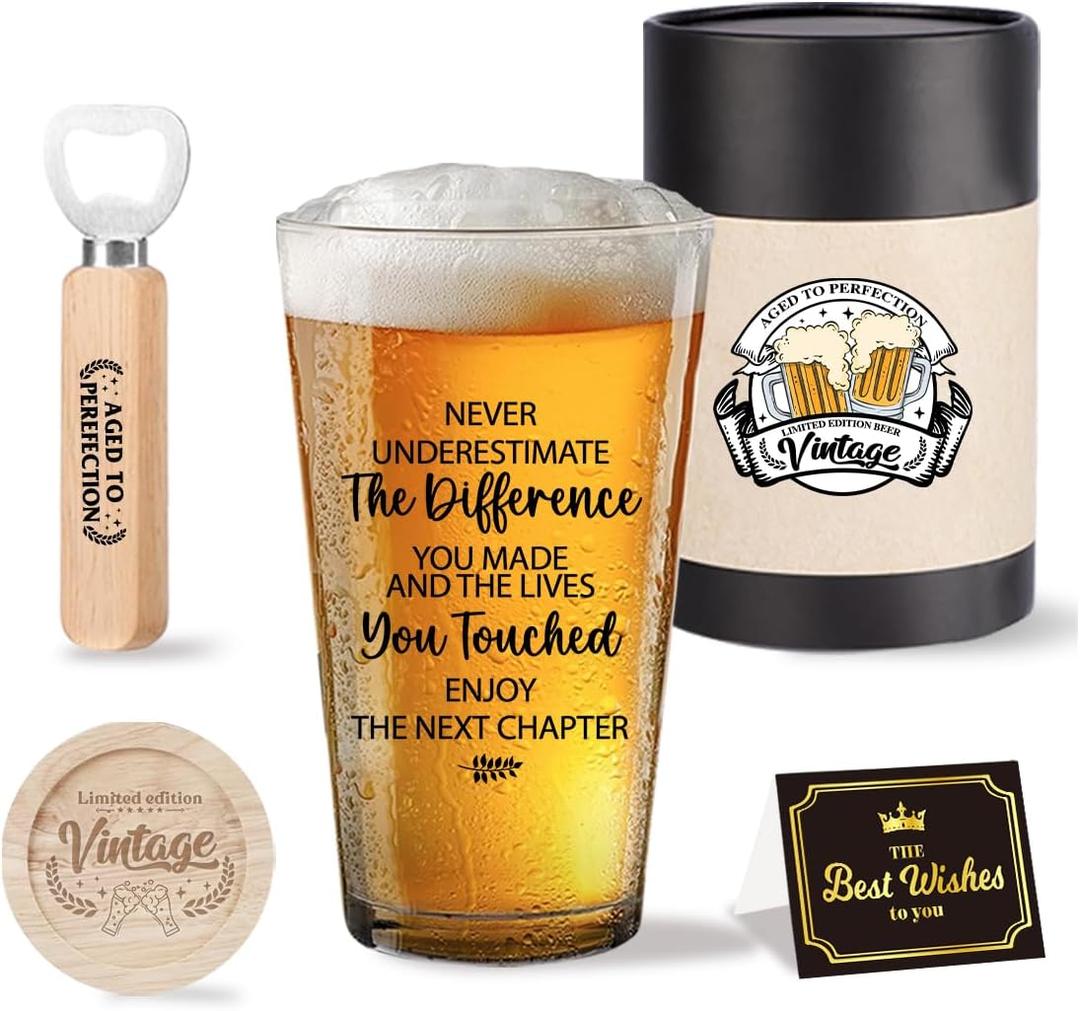 Moving Away Going Leaving Farewell Gifts for Coworkers Friends Fathers Day Retirement Retired Gifts New Chapter Beginnings Jop Drinking Pint Beer Glass Set Gift for Dad Water Pint Glasses Cups Set