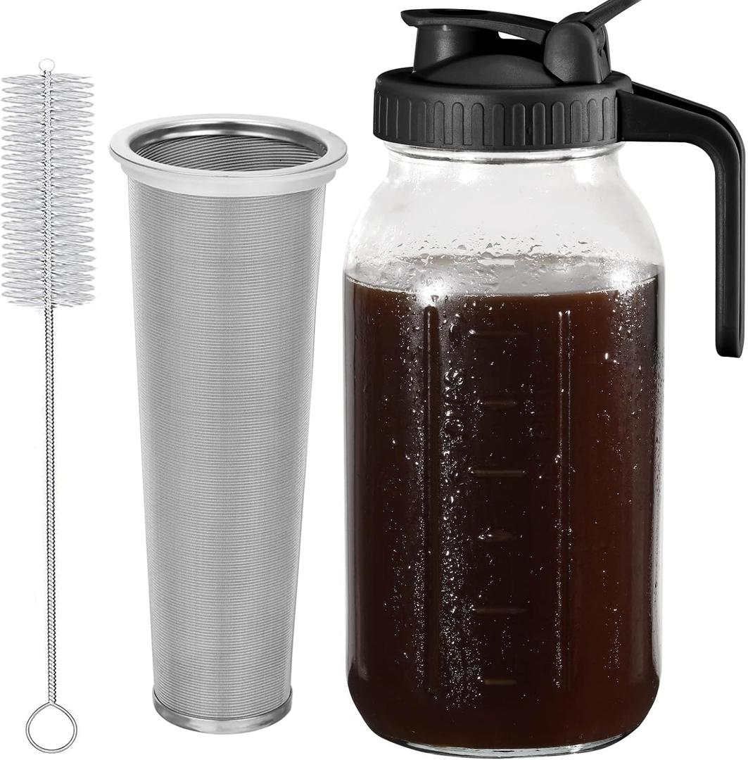 Cold Brew Coffee Maker Pitcher, 64 Oz Heavy Duty Glass Mason Jar Pitcher with Vshaped Pour Spout Handle Lid,Stainless Steel Filter for Iced Coffee,Iced tea,Fruit Drinks,lemonade  Black